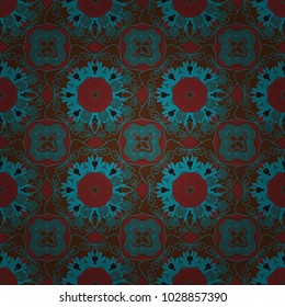 Vector illustration. Vector blue, red and brown simple mandala optical illusion, psychedelic trippy abstract seamless pattern texture.