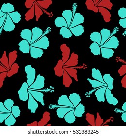 Vector illustration in blue and red colors on a black background. Seamless tropical flower, hibiscus pattern.