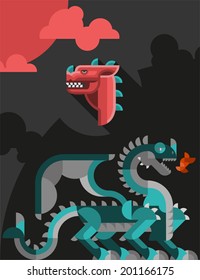 Vector illustration of blue and red dragons. Flat.