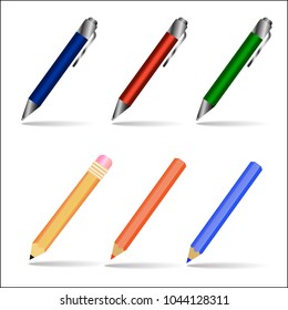 Vector illustration with blue, red, green pens and pencils used in banners, leaflets, postcards, websites.