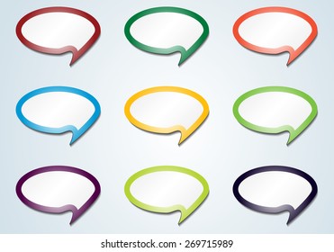 Vector illustration of blue, red, green, yellow, brown, orange white round oval blank speech bubbles it isolated on grey background wall. Talking, communication concept.
