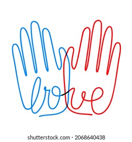 Ilustración vectorial con manos azules y rojas y letra palabra amorosa. Afiche de tipografía de color, diseño de impresión de prendas de vestir