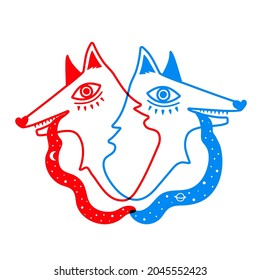 Ilustración vectorial con cabezas azules y rojas de zorros o lobos. Diseño de impresión de ropa romántica a la moda, plantilla de pegatinas