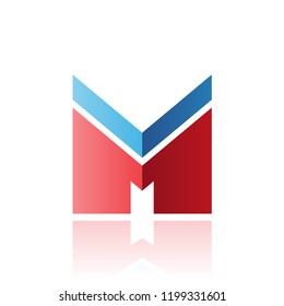 Ilustración vectorial de la letra azul y roja M con una banda gruesa y una reflexión aislada en un fondo blanco