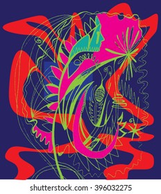 Vector illustration of blue & red & pink hand drawn graphic pattern / background. Face, lines, distressed, distorted, grunge image. Doodle.