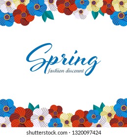 Vector illustration with blue, red, white and  yellow flowers on a white background
