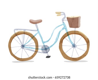 Vector illustration of blue retro bicycle. Types of bike: road bicycle, city, urban bike, old, cruiser. Vintage bicycle in watercolor style. Bike for girl with wooden basket, crate.