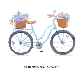 Vector illustration of blue retro bicycle. Types of bike: road bicycle, city, urban bike, old, cruiser. Vintage bicycle in watercolor style. Bike for girl with wooden basket, crate full of flowers.