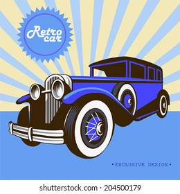 Vector illustration of blue retro car on a yellow-blue background with the inscription