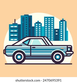 Vector illustration of blue retro car in front of cityscape with tall and modern buildings. Classic car icon. Stylized vintage automobile.