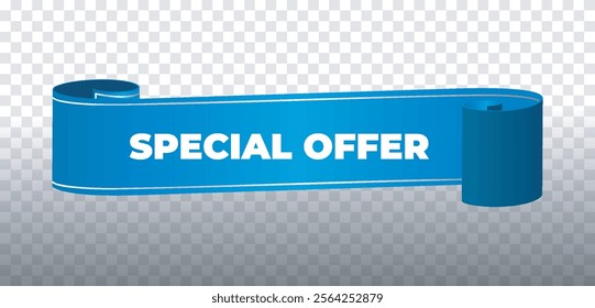 Vector illustration of a blue ribbon with the text Special Offer, featuring a rolled edge design on a transparent background. Ideal for promotions, discounts, and advertising