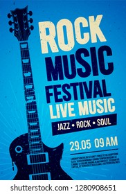 Vector Illustration Blue Rock Festival Concert Party Flyer Or Poster Design Template With Guitar, Place For Text And Cool Effects In The Background