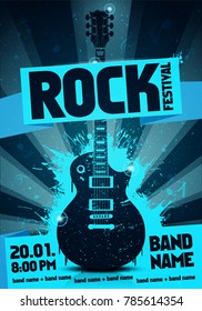 Vector Illustration Blue Rock Festival Party Flyer Design Template With Guitar, Origami Banner And Cool Splash Effects In The Background