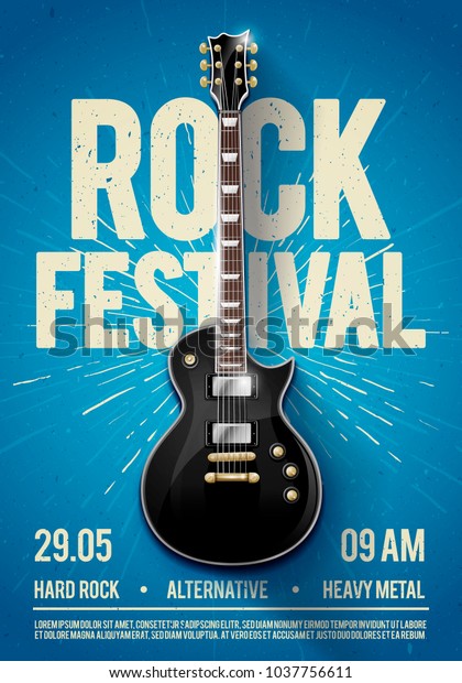 vector illustration blue rock festival concert\
party flyer or posterdesign template with guitar, place for text\
and cool effects in the\
background