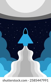 Vector illustration of blue rocket launching into space with  trail of white smoke on starry night sky clouds and moon flat design