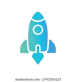 A vector illustration of a blue rocket ship against White Background with a modern, minimalist flat design style.