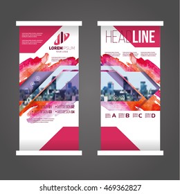 vector illustration of blue roll up banner. stylish geometric graphics for Publicity and Information. set of templates. vector watercolor stains in the background