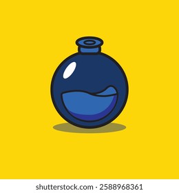 vector illustration of a blue round ampoule with liquid inside on a bright yellow background