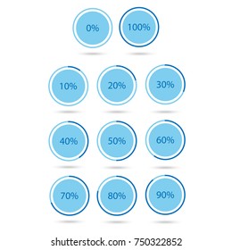 Vector illustration blue round, circle pie graph, chart with percentage 10 20 25 30 40 50 60 70 75 80 90 100 % icon set