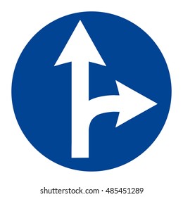 Vector illustration blue round traffic sign isolated on white background. Road sign arrow go straight or right.