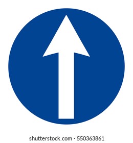 Vector illustration blue round traffic sign isolated on white background. Road sign arrow go straight.