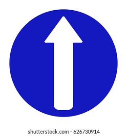 Vector illustration blue round traffic sign isolated on white background. Road sign arrow go straight.