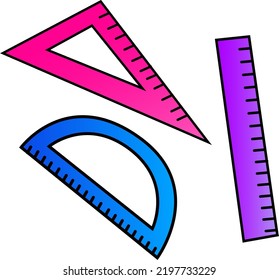 Vector illustration of a blue ruler. Sketch of school subjects. The idea for a logo, drawings, banners, magazines, printing on clothes, advertising, children's coloring book