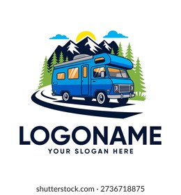 Vector Illustration of a Blue RV Camper Van Driving on a Winding Mountain Road with Forest Background – Adventure Travel Logo Design