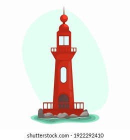 Vector illustration of blue sea background with stones. Lighthouse on the rocks, seascape with blue sky.