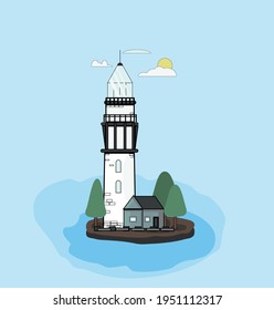 Ilustración vectorial del fondo marino azul con olas y nubes. Faro en la isla, paisaje marino con cielo azul, niebla.