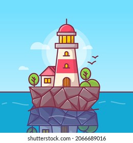 Vector illustration of blue sea background with waves and mountains. lighthouse on the rocks, sea landscape with blue sky,