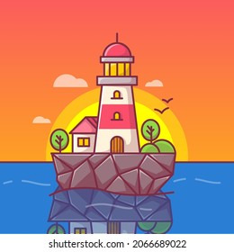 Vector illustration of blue sea background with waves and mountains. lighthouse on the rocks, sea landscape with blue sky,