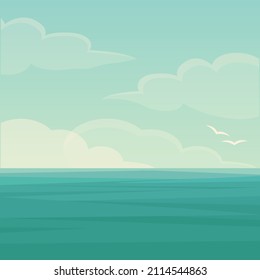 Vector illustration of blue sea and sky background, water wave, ocean