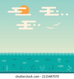 Vector illustration of blue sea and sky background, water wave, ocean