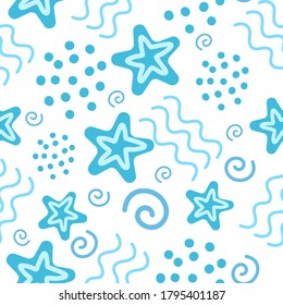 Vector illustration of Blue sea stars background. Watercolor starfish seamless pattern. Hawaii, party. Hand drawn elements. Home decor. Textile design.