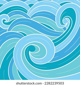 Vector illustration blue sea waves, white outlined, background design