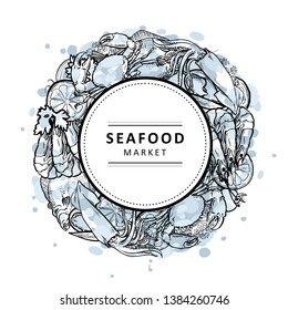 Vector illustration of blue seafood market banner with various aquatic edible animals and spices formed as circle with white label on top - hand drawn outline sea and ocean food.