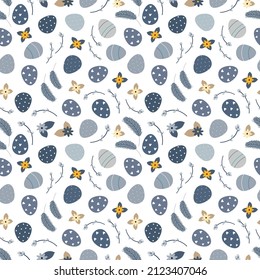 Vector illustration of blue seamless background of eggs and flowers and pussy willow on white surface