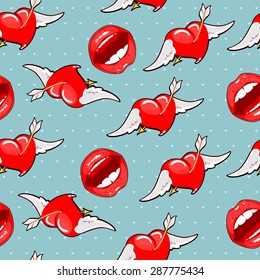 Vector illustration of blue seamless background bright lips with flying hearts.