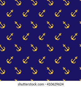 Vector illustration blue seamless pattern with golden ship anchors. Marine or nautical background, wallpaper, design 