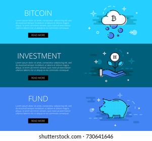 Vector illustration of blue shades banners about crypto currency investment fund in flat line style.