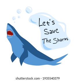 Vector illustration of a blue shark with the words "save the sharks" bubbled up