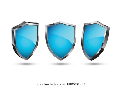 Vector illustration of a blue shield in a different views