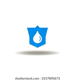 Vector illustration of blue shield with drop. Symbol of blood donation. Icon of blood care save. Sign of water protection.