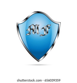 Vector illustration of blue shield with glare in metal frame with vintage capital letters MF and shadow under shield on white background