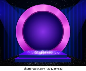 Vector illustration blue shine background with round pink circle and sparkle stage podium
