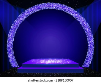 Vektorgrafik-blauer Hintergrund mit rundem, funkelndem Bogen und Bühnenbild für Design