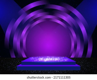 Vector illustration blue shine and purple round circles background with sparkle stage podium for design
