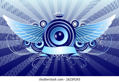 Vector illustration of blue shiny abstract party design with speaker, crown, ribbon and floral elements