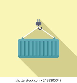 Vector illustration of a blue shipping container suspended from a hook, with a shadow, on a yellow backdrop